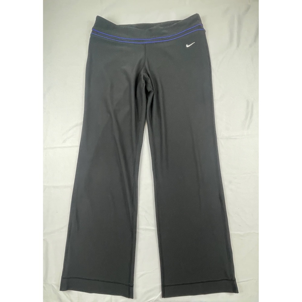 Nike Womens Athletic Pants Black Blue Trim Wide Leg Swoosh Logo L 339515 0332